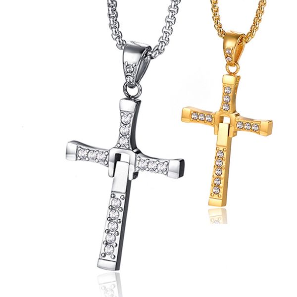 

wholesale zircon inlay stainless steel fast and furious men necklace fashion cross necklace, Silver