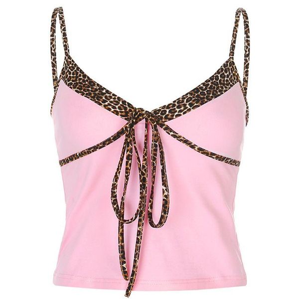 

women spaghetti strap v-neck crop leopard patchwork lace-up camis vest, White