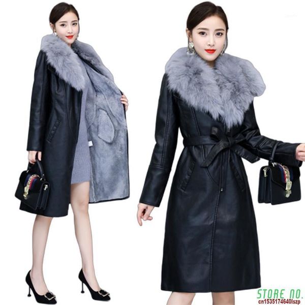 

winter women elegant slim long pu leather jacket female warm artifical fur collar manteau femme hiver chaqueta cuero mujer coat1, Black