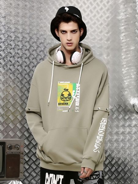 

men cartoon and letter graphic drop shoulder drawstring hoodie e5up#, Black