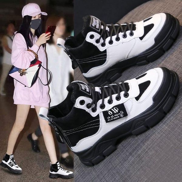 

boots zipper double high-shoes women 2021 winter women's thick-soled plus velvet sneakers wild gray, Black