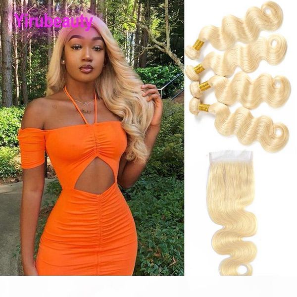 

peruvian human hair 4 bundles with 4x4 lace closure 5 pieces one set body wave hair extensions with closure blonde 613# color yirubeauty, Black;brown