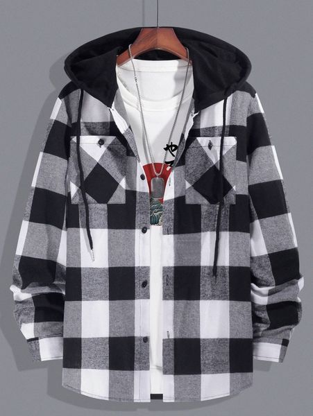 

men buffalo plaid pocket front drawstring hooded shirt without tee i637#, White;black