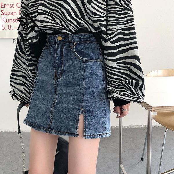 

new spring summer slit denim skorts vintage women elastic a-line skirt shorts pocket short jeans short pants b11901x, Blue