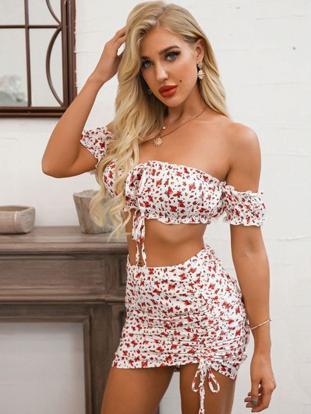 

glamaker off shoulder tie front ditsy floral & skirt set n7a5#, White