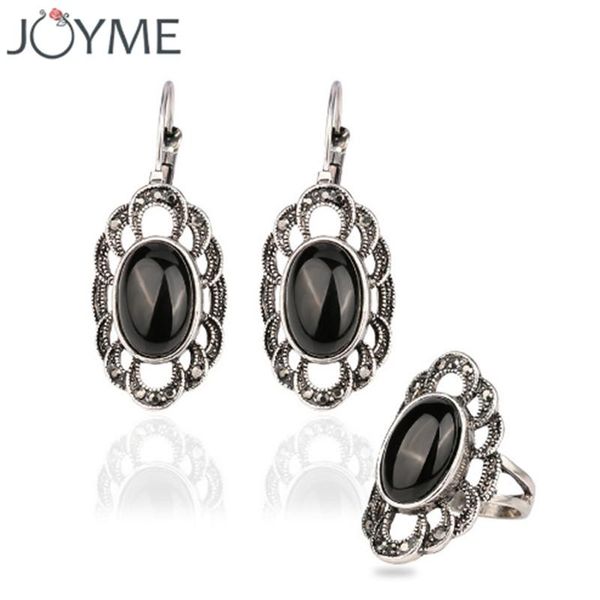 

charms opal ring and earring jewelry set antique 2 pcs/sets vintage black resin stone jewelry for women luxury party gift, Silver