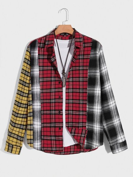 

men single breasted colorblock tartan shirt h4bw#, White;black