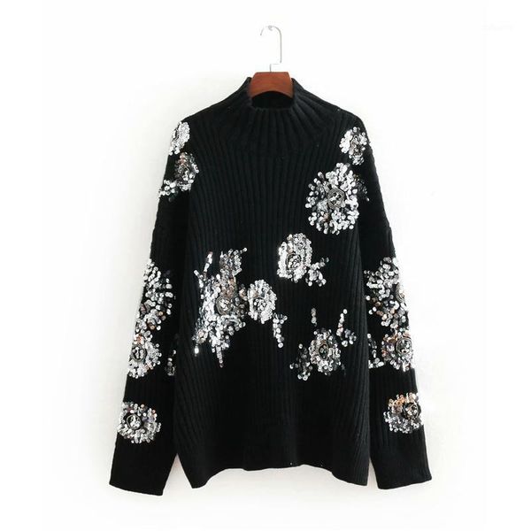 

elegant women sequined floral sweater 2020 fashion ladies black knitted streetwear female turtleneck pullover chic girl1, White;black