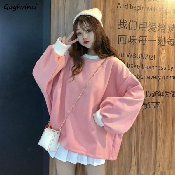 

women sweatshirts winter pink korean preppy solid pullover sweatshirts plus velvet o-neck loose all-match leisure kawaii ins new1, Black