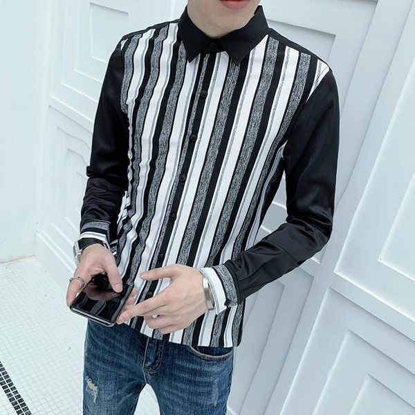 

black/white long sleeve striped shirts for men clothing 2021 simple night club casual slim fit patchwork design chemise homme, White;black