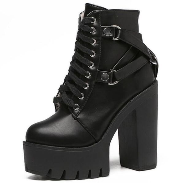 

fashion black boots women heel spring autumn lace-up soft leather platform shoes woman party ankle boots high heels punk
