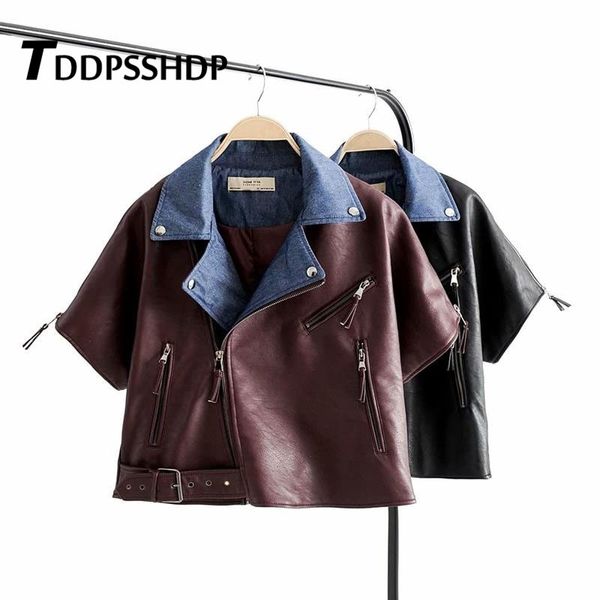 

denim collar decor burgundy and black short sleeve women pu jacket new pocket female coat lj201012