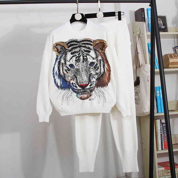 

women's two piece pants fashion white black tracksuits knitted set women handwork beading tiger sweater pencil outfits female loose kni