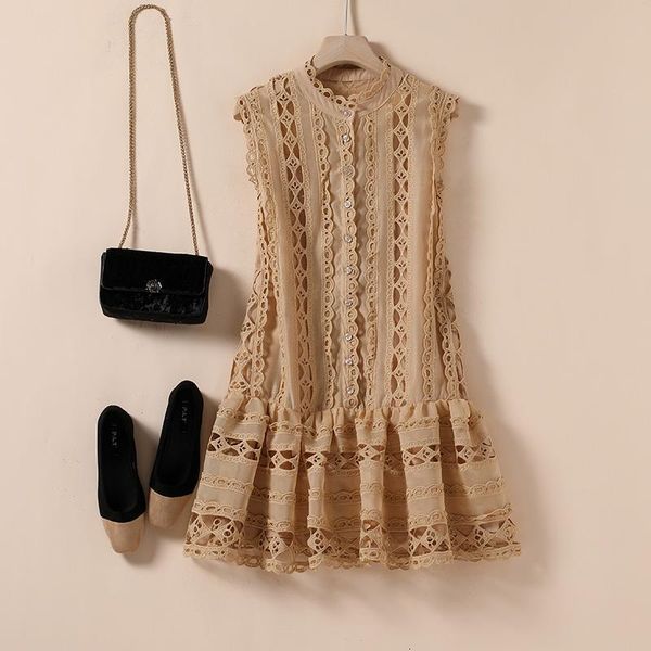

new arrival runway summer hollow out lace dress women o neck floral embroidery vest a line dresses vestidos, Black;gray