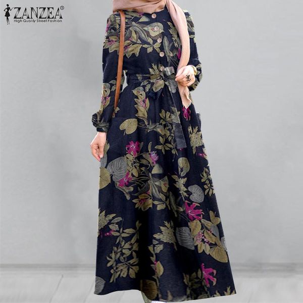 

retro floral maxi dress women's autumn sundress 2020 zanzea printed muslim dresses female button robe belted oversized 5xl, Black;gray