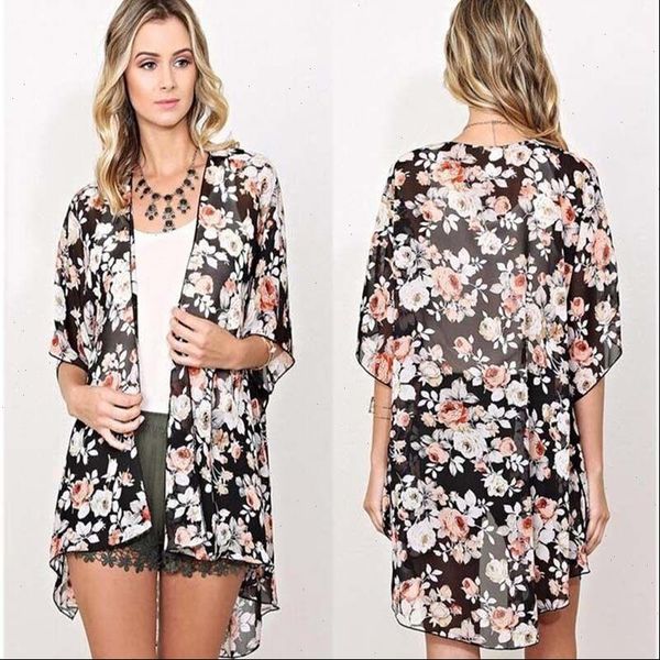 

2021 ethinc women summer shirt vintage floral print blouses casual hippie boho kimono cardigan ladies long blusas, White