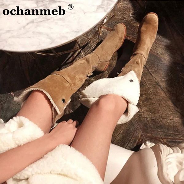 

ochanmeb новые модные женщины искусственную замшу более-коленных сапоги обувь 43 женщина пряжки ремень теплый флис зима снег сапоги складная, Black