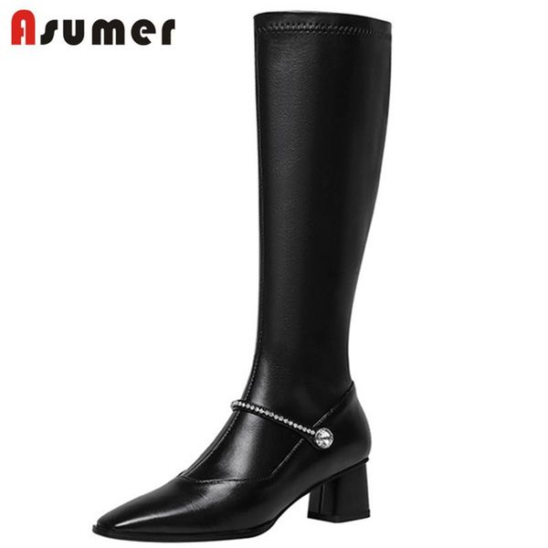 

asumer 2021 genuine leather +pu stretch boots women high heels party shoes crystal zip autumn knee high boots women, Black