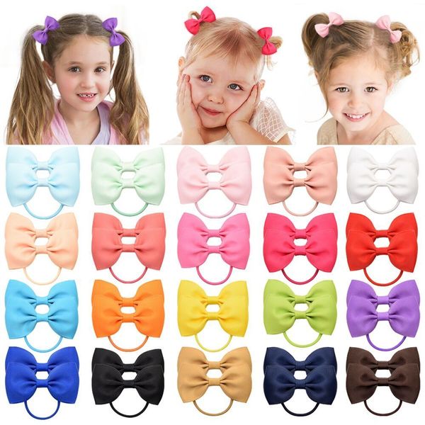 

20pcs/lot solid grosgrain ribbon bows for baby girls ponytail holder bands elastic rope handmade headband hair accessories