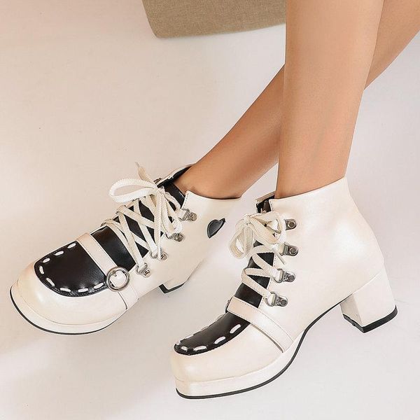 

new elegant colorful women lolita boots fashion sweet comfort square platform thick sole ankle boots shoes ladies plus size 46, Black