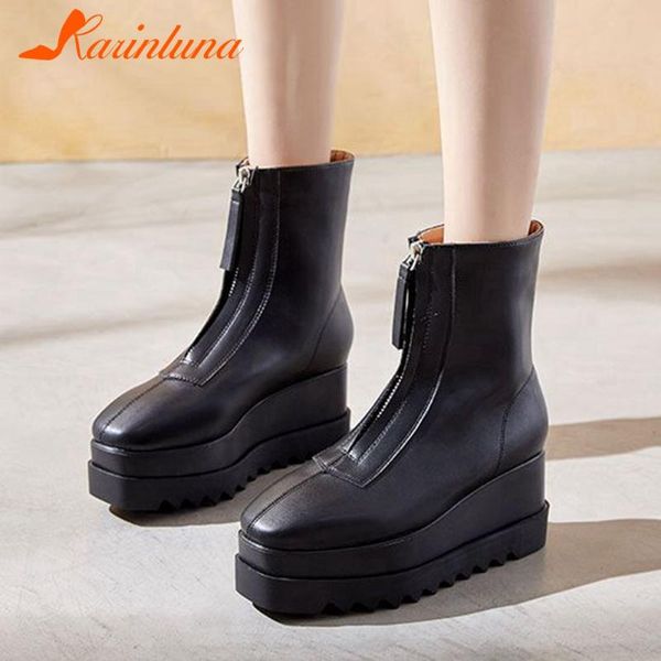 

boots karin autumn female 2021 concise fashion round toe platform wedges high heels zip women ankle shoes, Black
