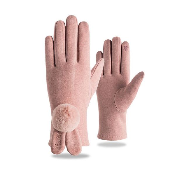 

five fingers gloves soft cotton women winter touch screen warm ear pompom full finger mittens, Blue;gray