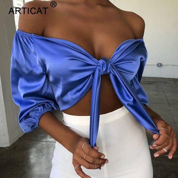 

articat bow tie off shoulder crop women half sleeve lace up bandage cropped shirt spring slim short party tank tees y200422, White