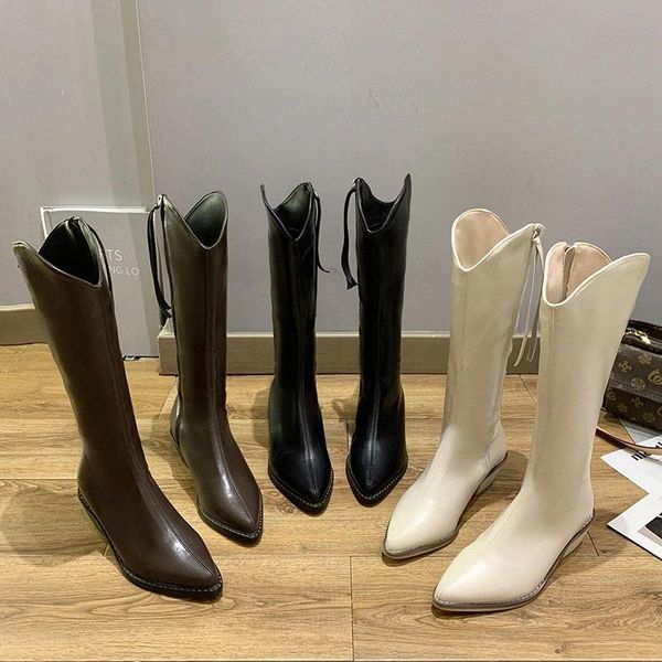 

ins women knee high boots female knight luxury design vintage cowboy boots platform winter booties lady low 5cm high heels shoes #wu2d, Black