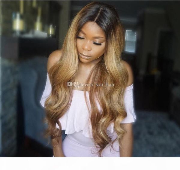 

130% density 1b #27 ombre full lace wigs human hair two tone with baby hair glueless full lace wigs brazilian for women, Black;brown