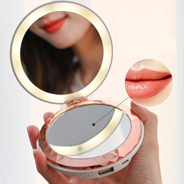 

portable cosmetic led makeup mirror light hand warmer rechargeable power bank 3x magnifying make-up folding beauty mirror