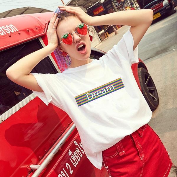 

showtly dream rainbow women t shirt loose cute oversize tshirt spring summer casual streetwear hip hop funny t-shirt, White