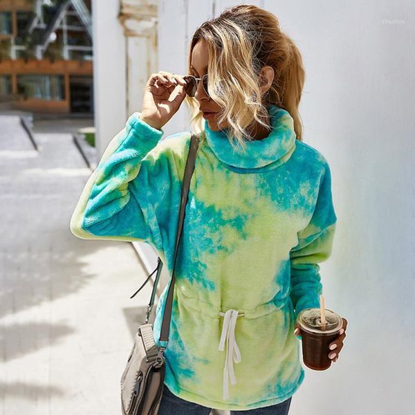 

women new autumn winter plush tie-dye coat hoodie draw back belt turtleneck long sleeve pullover loose commute clothing1, Black