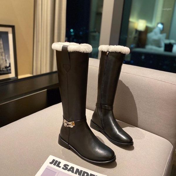 

boots zapatos de mujer genuine leather knee high woman knight wool inside round toes low heels1, Black