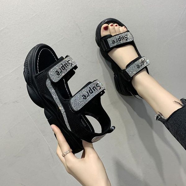

2020 rhinestonew muffin thick-soled sandals female summer korean students fashion beach roman soles women shoes flat, Black