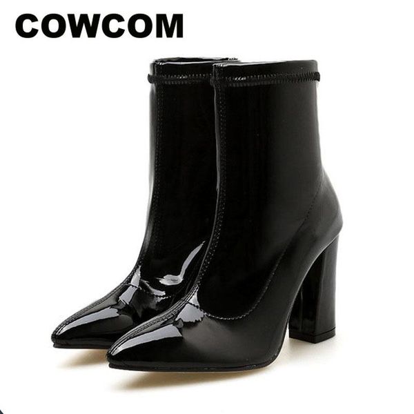 

cowcom women black mid calf boot thick pointed pointed thin high-heeled patent leather boots women's boots