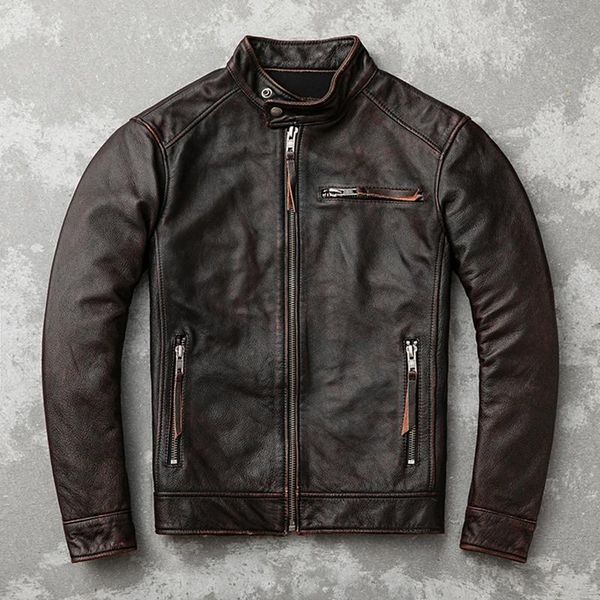 

2020 vintage brown men slim fit biker's jacket plus size xxxxxl genuine cowhide autumn motorcycle leather coat, Black