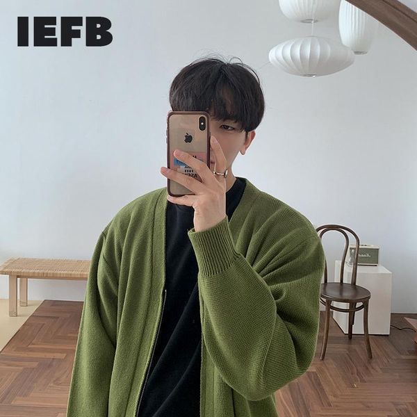 

iefb korean zipper cardigan kintted sweater coat men's trendy v-neck autumn new kintwear loose clothes male basic 2020 9y4529, White;black