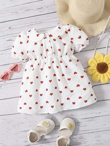 

baby heart print peter pan collar dress she, Red;yellow