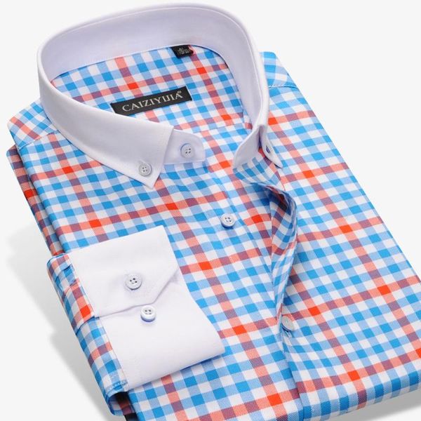 

100% cotton men's plaid shirt long sleeve classic fashion checked button-down regular fit social smart casual shirt, White;black