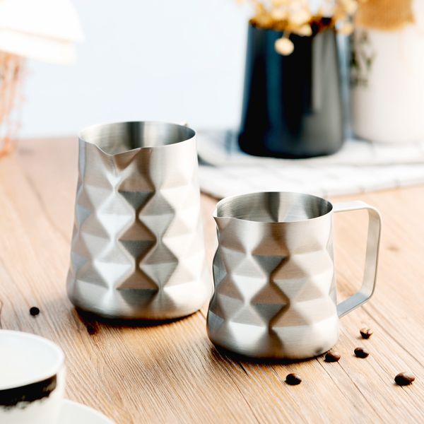 

frothing pitcher stainless steel espress mlik jug diamond special surface brushed finish coffee creamer milk q0109