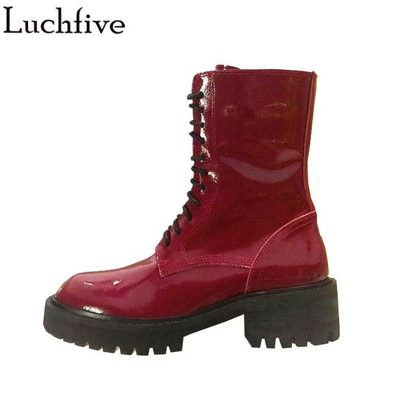 

2020 patent leather lace up ankle boots round toe motorcycle boots femme thick sole heels shoes woman red black botas mujer