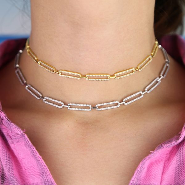 Iced Out Pin-Glieder-Charme-Tenniskette-Choker-Halskette für Frauen Gold Rock Hiphop Bordsteinketten-Schmuck