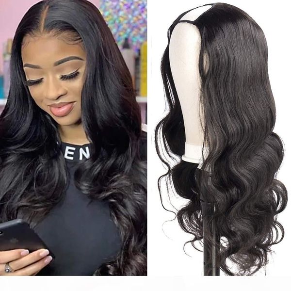 

10a body wave u part wig human hair for black women, brazilian remy human hair glueless full head clip in half wig 150% natural color (14inc, Black;brown