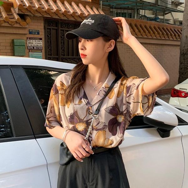 

women's blouses & shirts fashion korean flower printing women streetwear short sleeve shirt camisas female blusas mujer, White