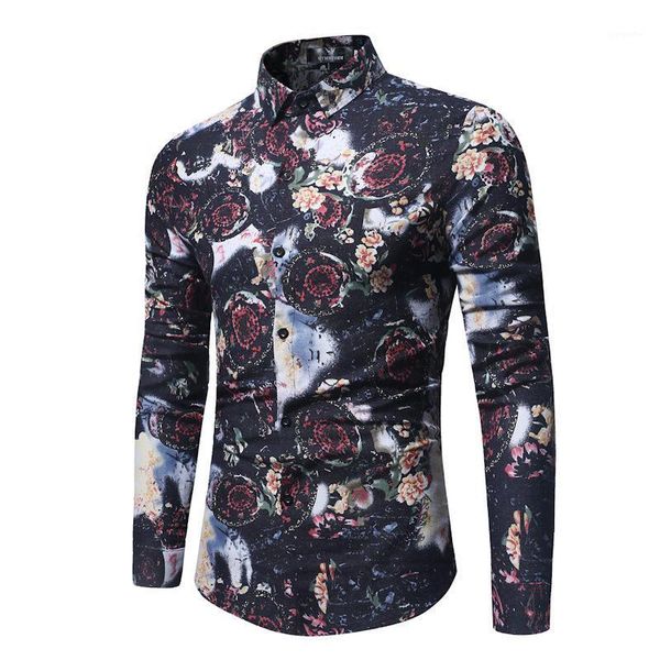 

new long sleeve vintage linen casual shirts fashion flower printed camisa male slim flower shirt men coat dropshipping, White;black