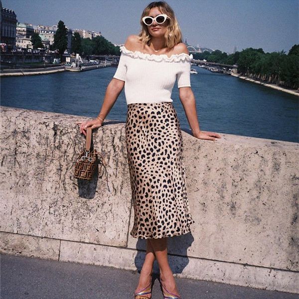 

women leopard print long skirt asymmetrical high waist chiffon skirts party club dailywear skirts plus size, Black
