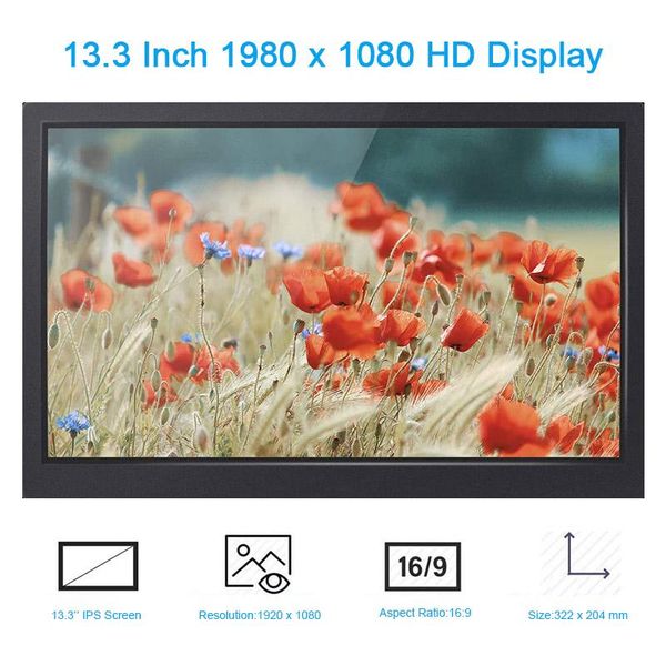 

13.3 inch portable monitor 1080p full hd ips screen port built-in stereo speakers for phone lapcamera display gaming
