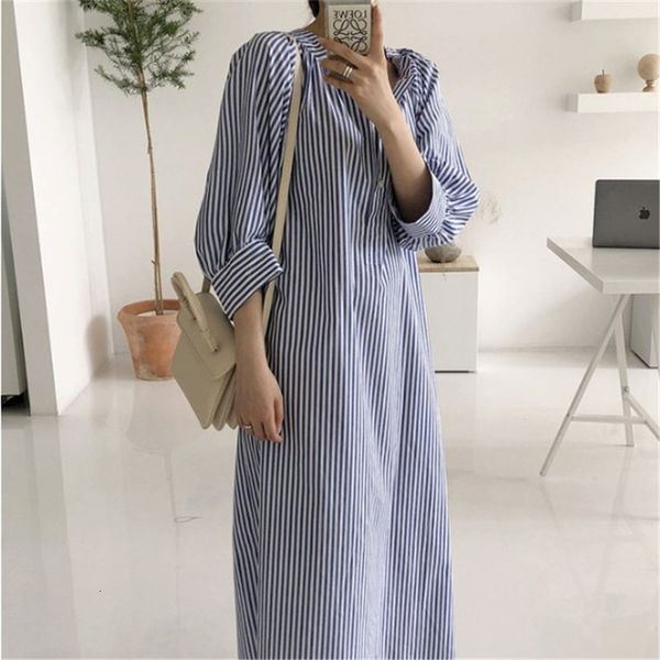

2021 new spring summer fall striped with v nine rooms loosely tempered simple weight loss all-match casual dress dzo2, Black;gray