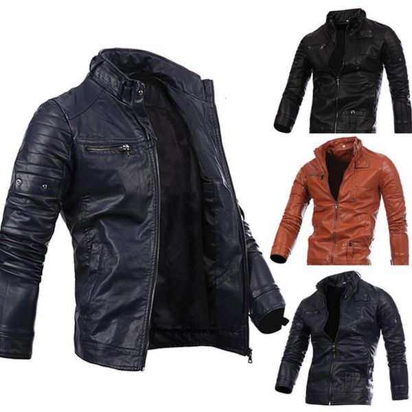 

men motorcycle causal vintage leather jacket coat men outfit fashion biker zipper pocket design pu leather jacket men, Black