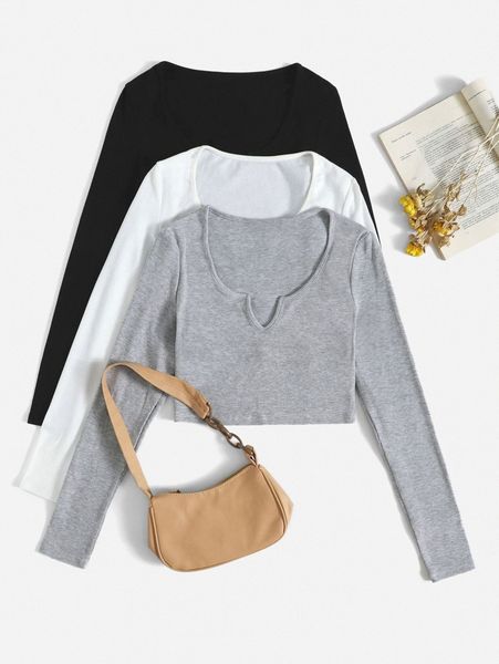 

3pcs solid notched neck tee j9el#, White